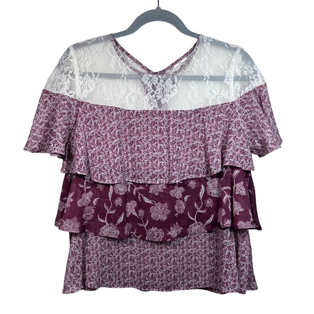 Mason & Belle Womens Floral Lace Yoke Layered Ruffle Top Burgundy & Cream Size L